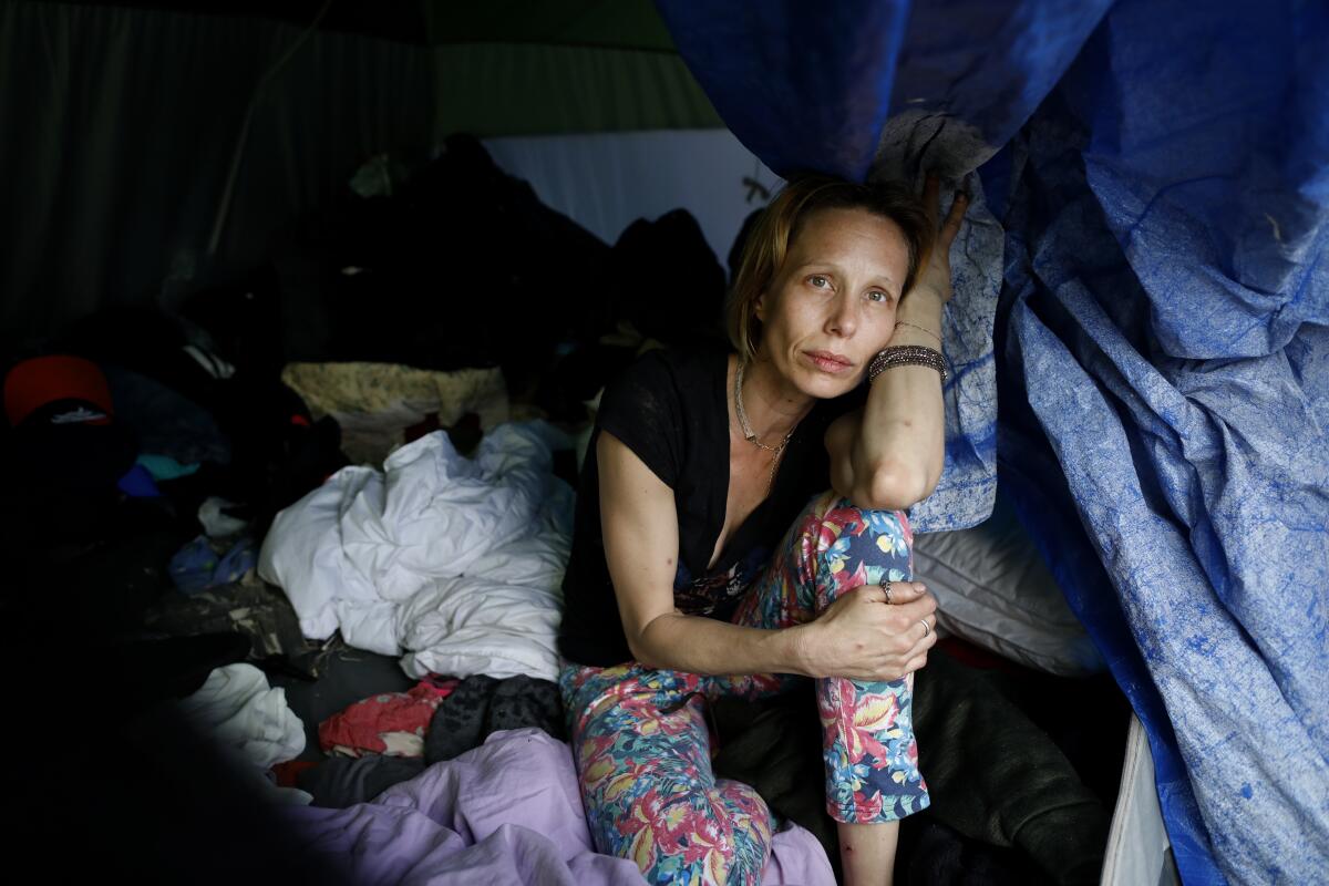 Alisha Lucero, 41, lives in a friend's tent on skid row. She is a former Madison Hotel tenant.