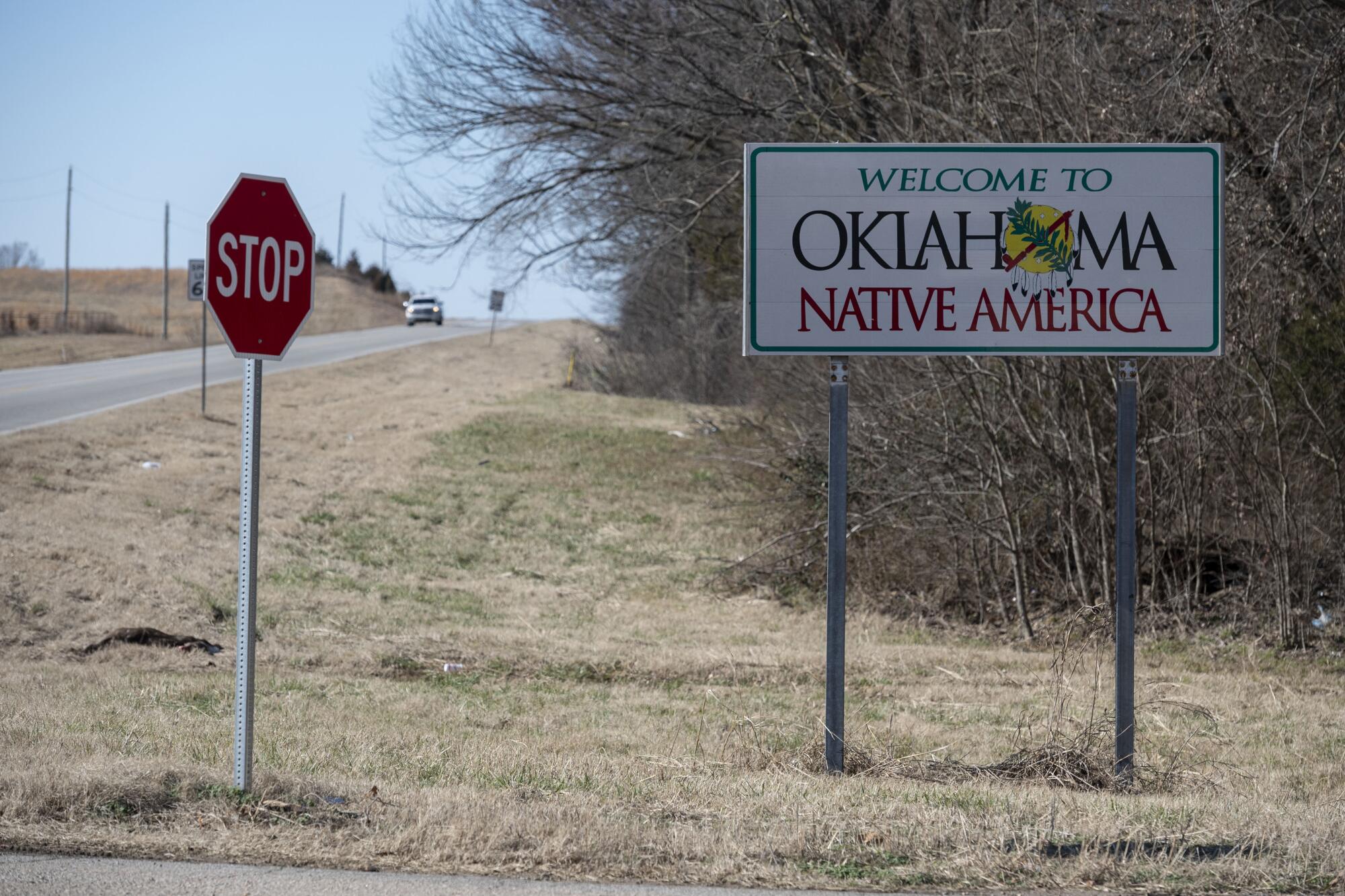 A sign near Grove, Okla., a short drive from the Missouri state line.