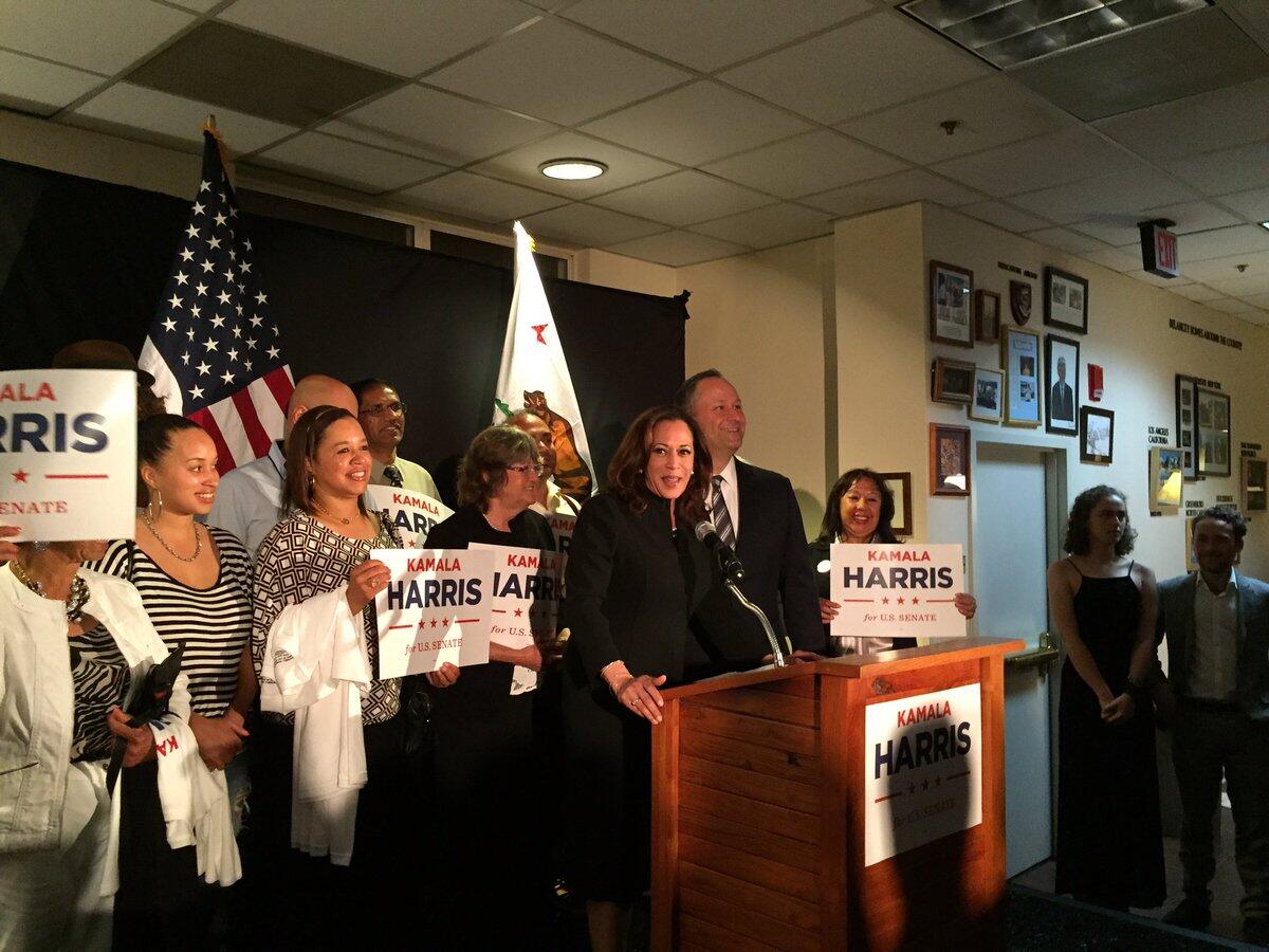 California Atty. Gen. Kamala Harris fires up supporters after being declared the first place finisher in California's U.S. Senate primary election.