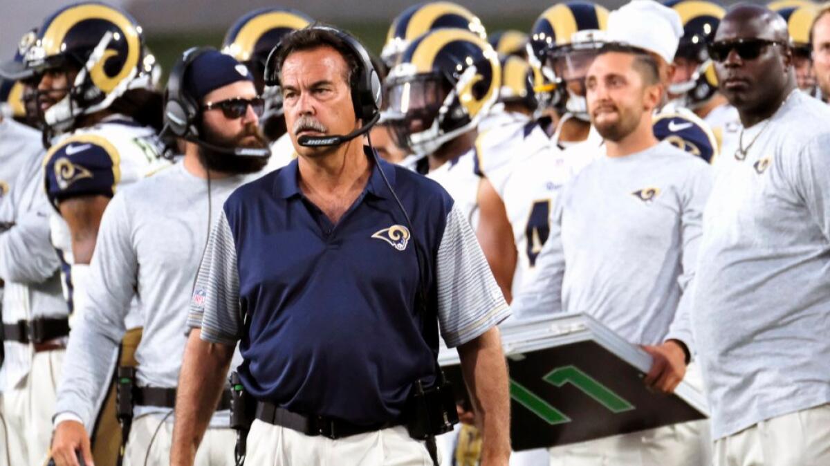 Rams Coach Jeff Fisher walks on the sidelines during an exhibition game against the Kansas City Chiefs at the Coliseum on Aug. 20.
