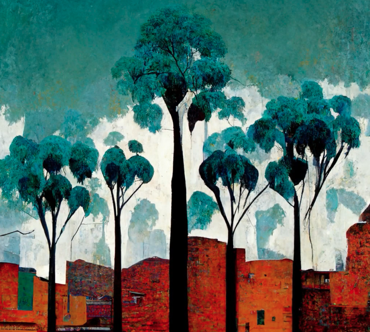 An illustration of towering green trees above a red brick city.