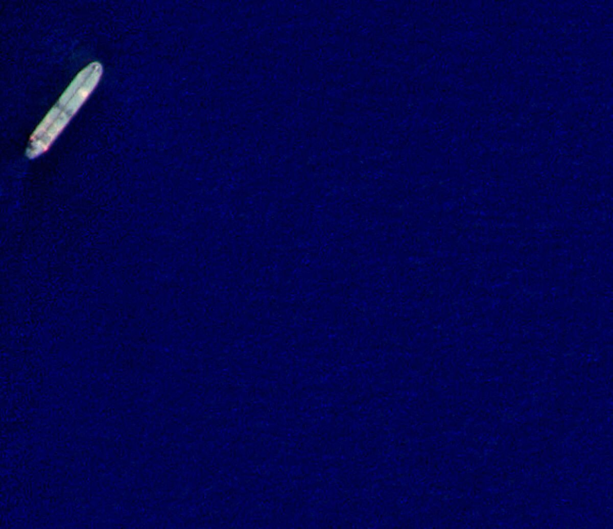 In this satellite photo from Planet Labs PBC, the Iranian oil tanker Starla is seen off the coast of Barcelona, Venezuela, Sunday, Jan. 30, 2022. An Iran-flagged supertanker carrying more than 2 million barrels of condensate has docked at a Venezuelan port, with both countries facing U.S. sanctions, according to analysts and satellite images analyzed by The Associated Press. (Planet Labs PBC via AP)