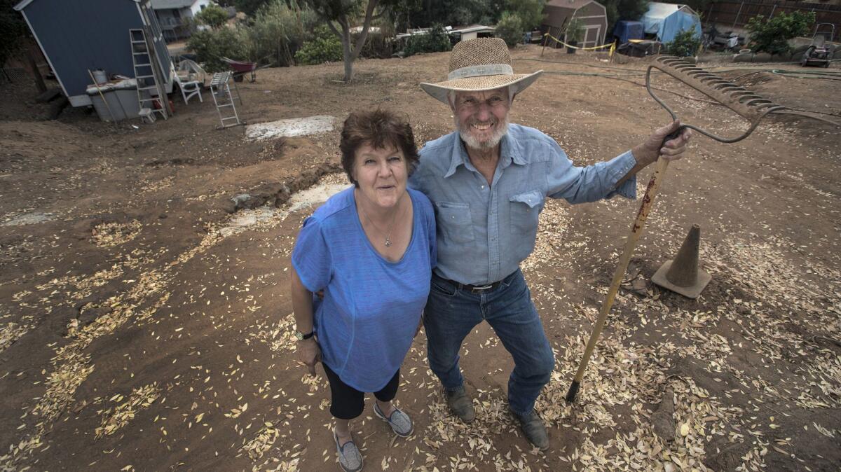 Eutha and Bill Scholl are waiting for delivery of their new modular home, to be placed on this spot where their 1927 fishing cabin once stood in Harbison Canyon.