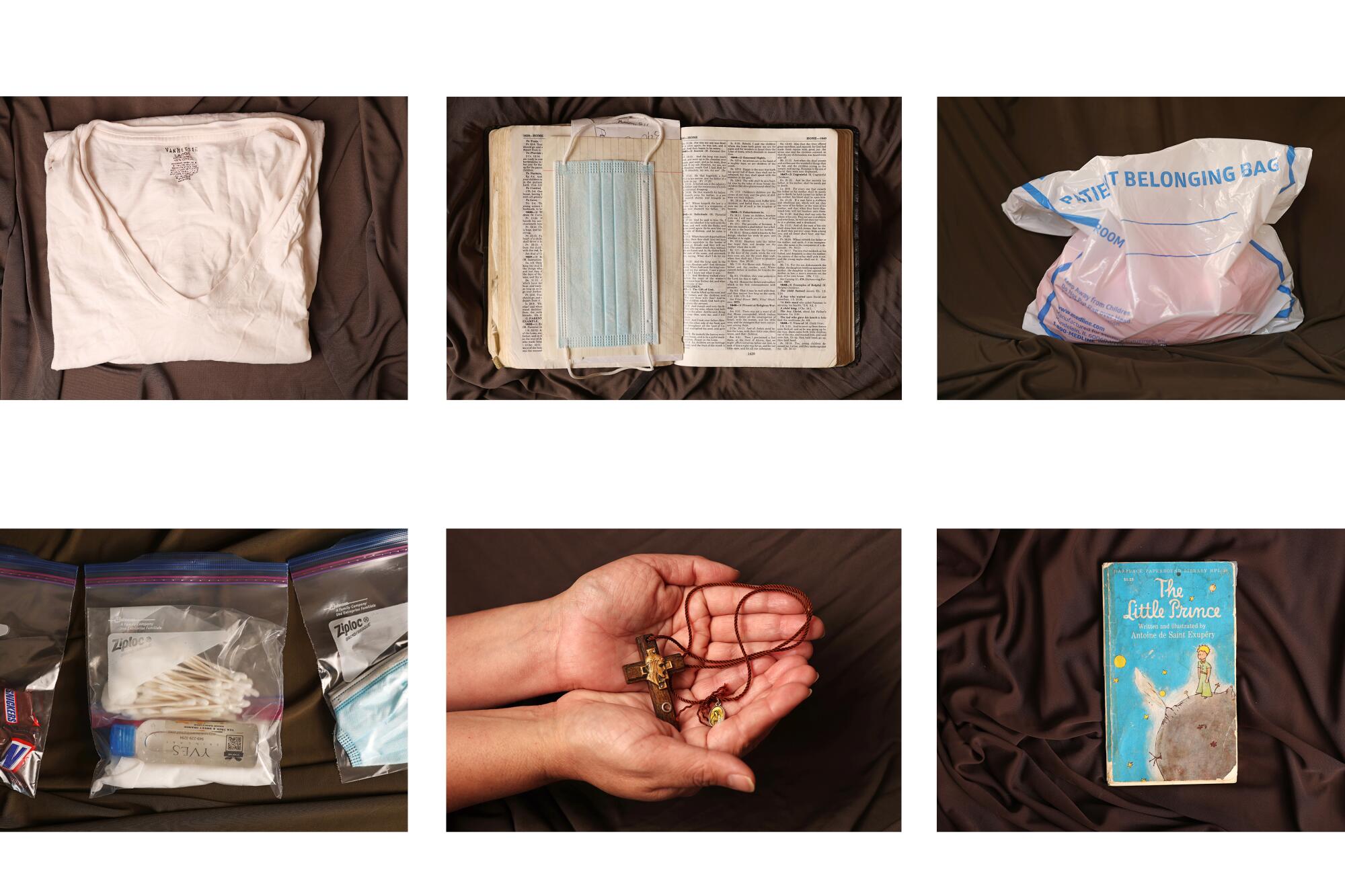 Six photos: a white T-shirt, a Bible, a plastic bag, Ziplocs with candy and toiletries, a cross, and The Little Prince book