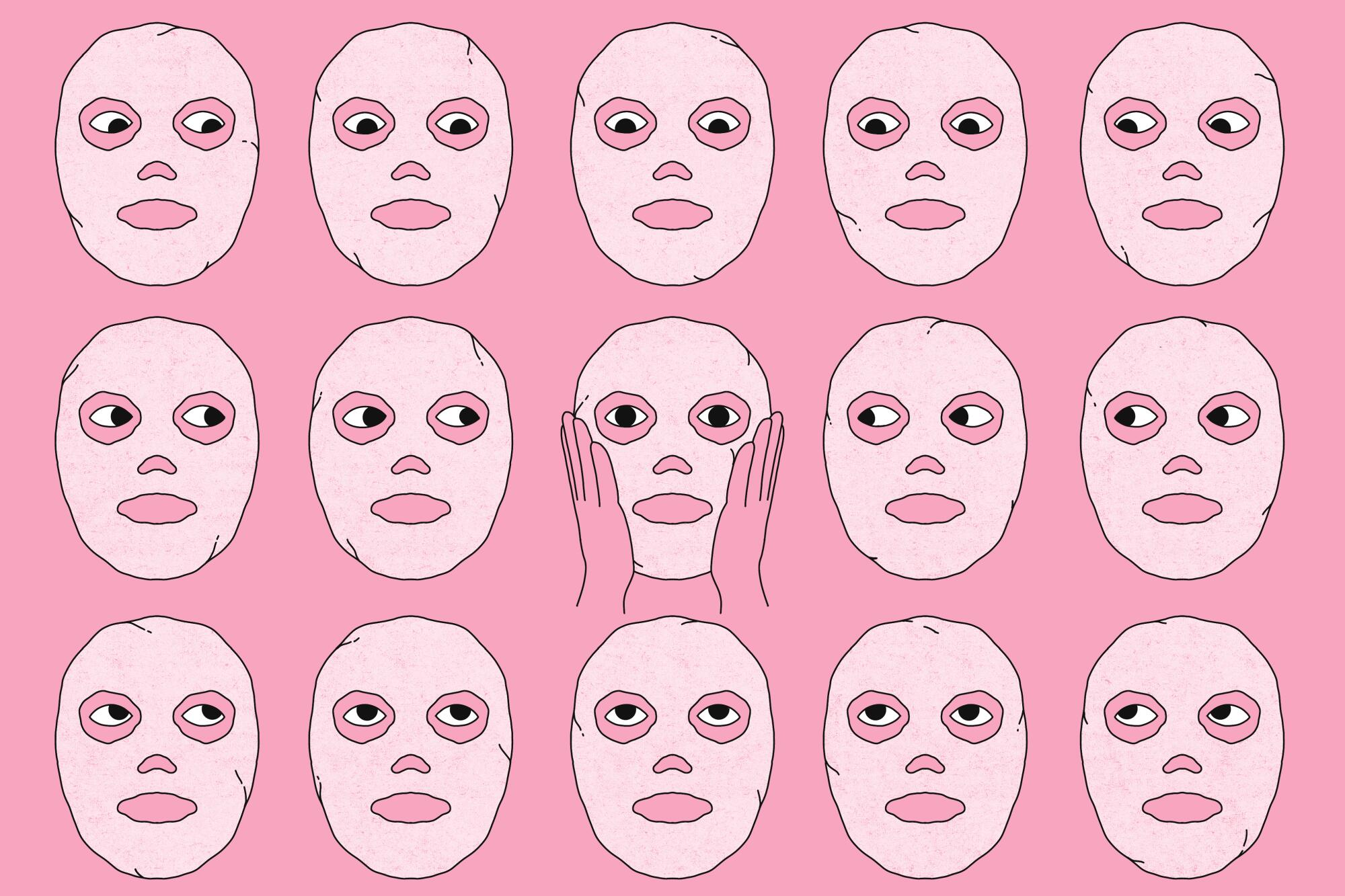 Illustration of a grid of faces wearing beauty masks and looking at each other.