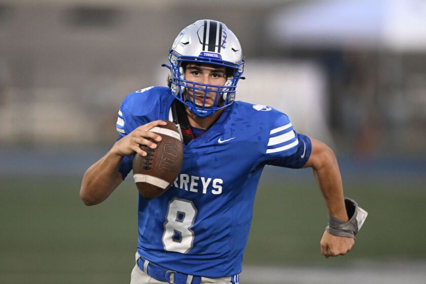 La Jolla Country Day QB Bito Bass-Sulpizio plays during a football game against Classical Academy on September, 2, 2022 in San Diego, Calif. (Photo by Denis Poroy)