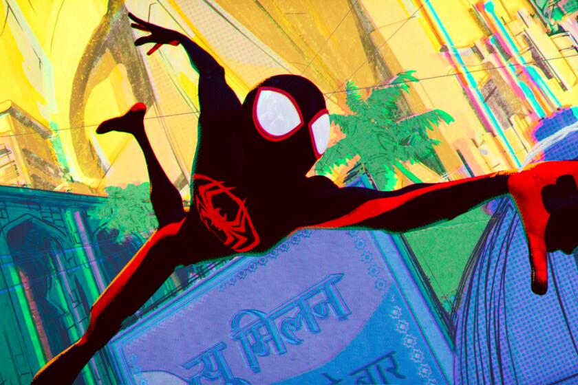 A cartoon of Spider-Man slingshotting through a city