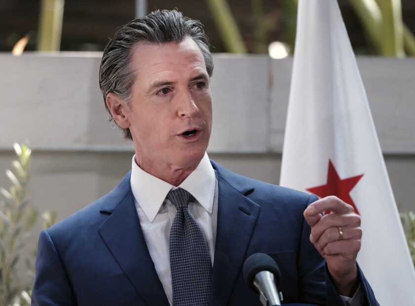 FILE - California Governor Gavin Newsom answers questions at a news conference in Los Angeles, on June 9, 2022. California Gov. Newsom, Washington Gov. Jay Inslee and Oregon Gov. Kate Brown on Friday, June 24, 2022, vowed to protect reproductive rights and help women who travel to the West Coast seeking abortions following the Supreme Court's decision to overturn Roe v. Wade. (AP Photo/Richard Vogel, File)