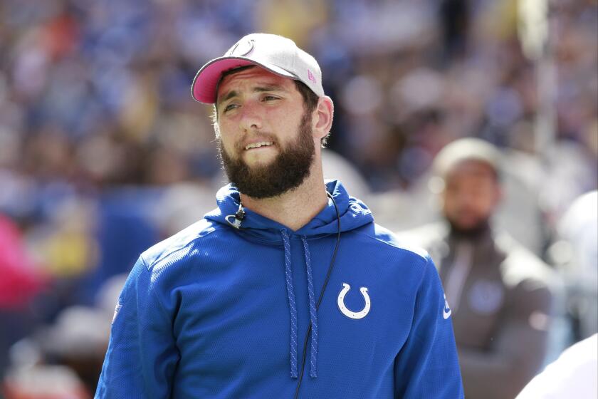 Colts quarterback Andrew Luck watches from the sideline during Sunday's game against the Jaguars. He is questionable for Thurday's game at the Texans.