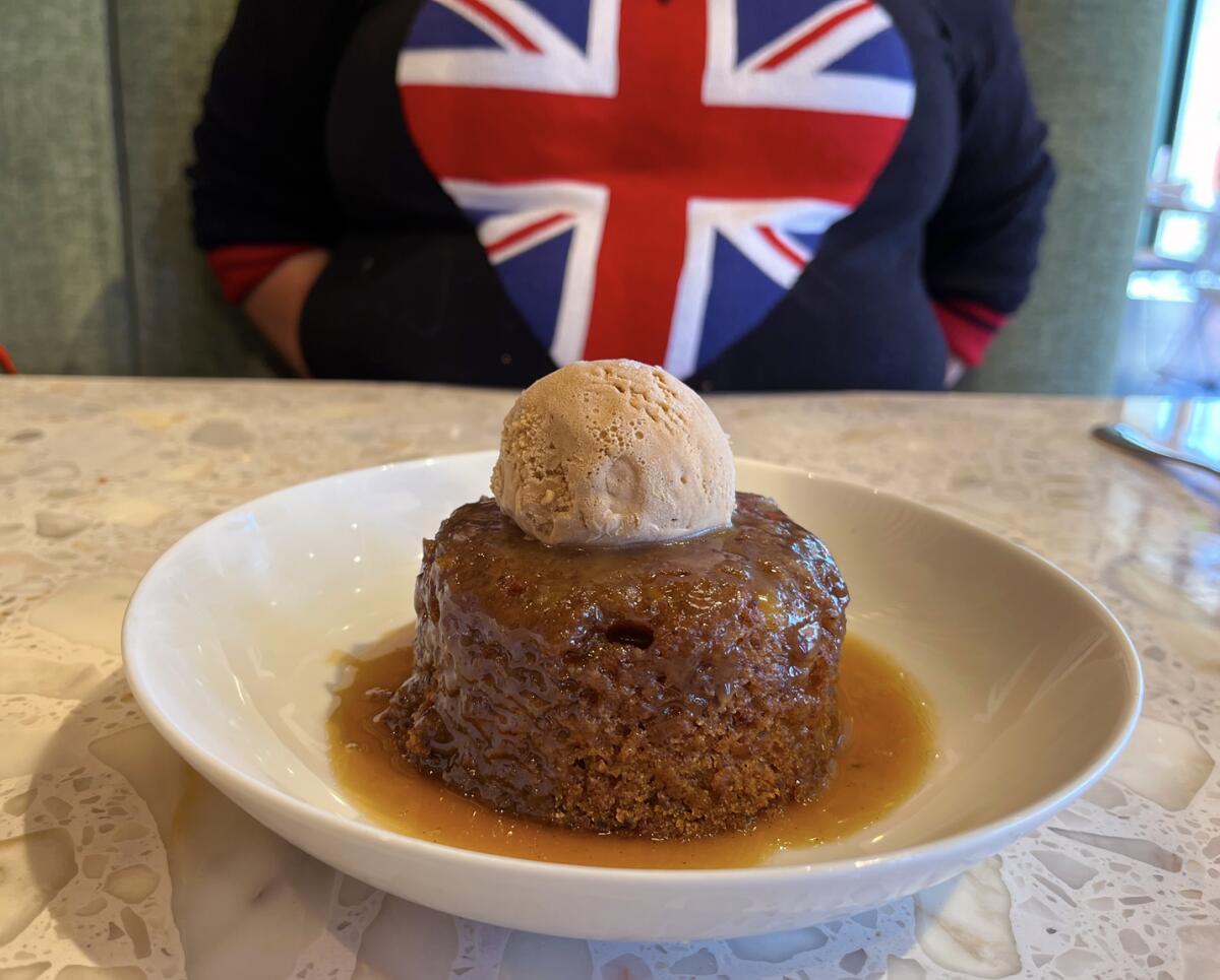 Sticky toffee pudding at California English restaurant in Sorrento Mesa.