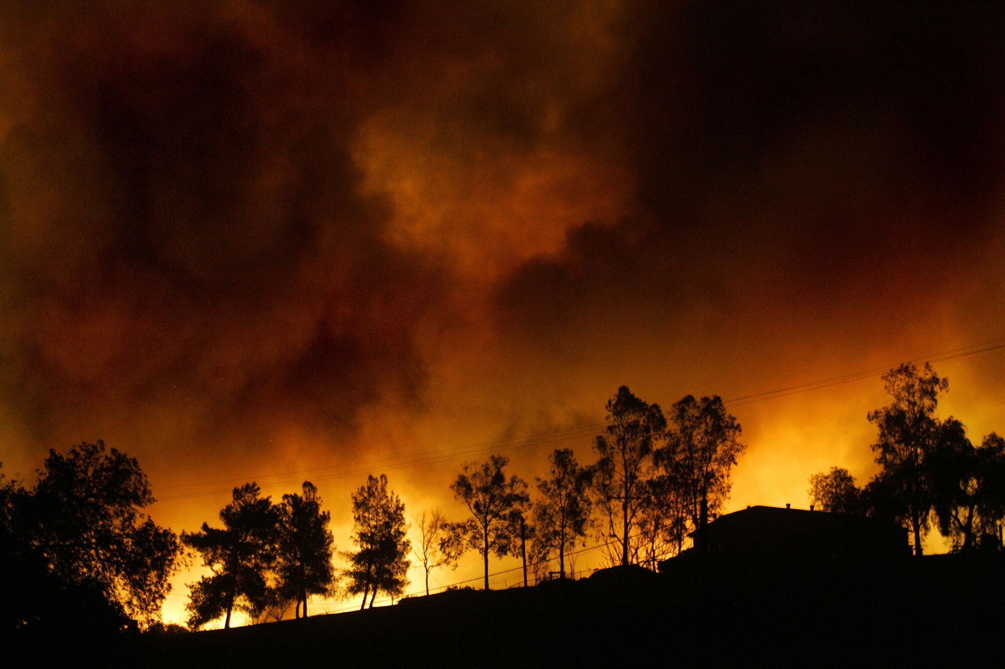 The night glows with flames near Dulzura during the 2007 Harris fire.