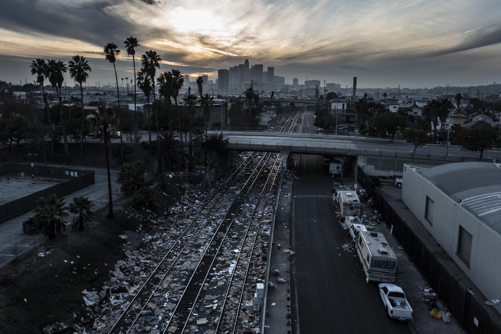 A view of debris strewn across railroad tracks passing through Lincoln Heights.