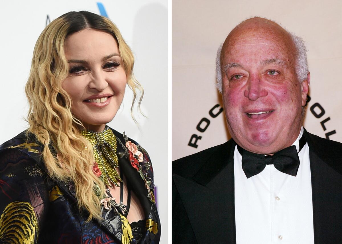 A diptych of Madonna, at left, and Seymour Stein, at right.