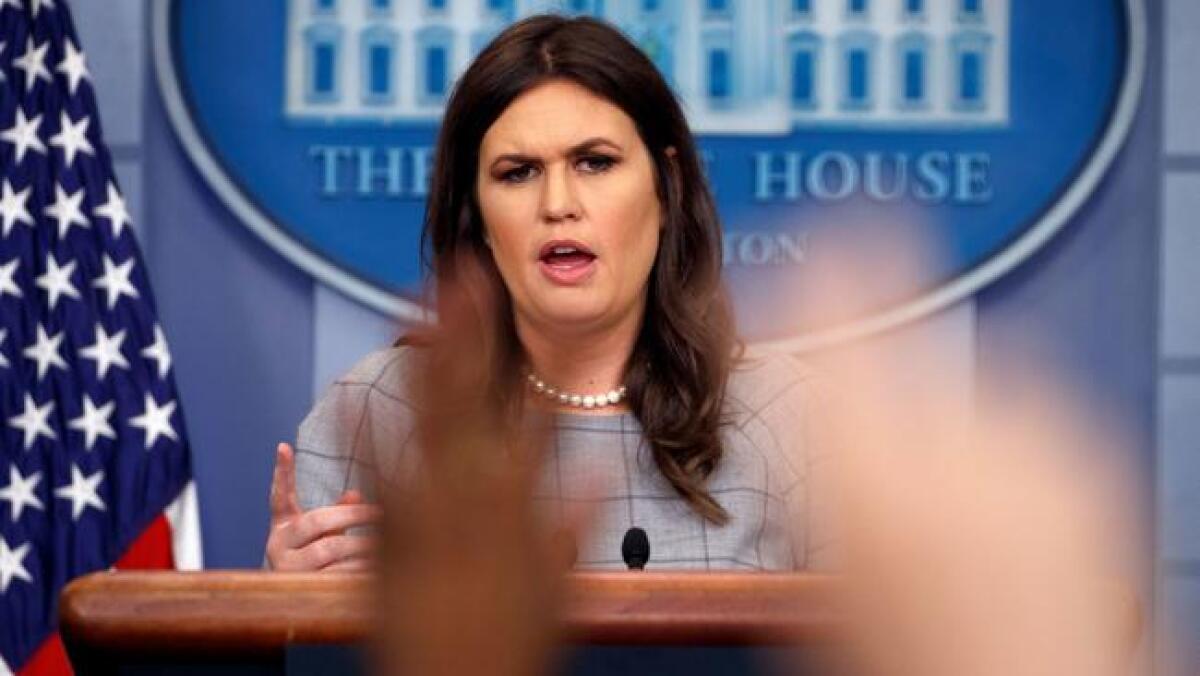 White House Press Secretary Sarah Huckabee Sanders appears at a briefing earlier this month.