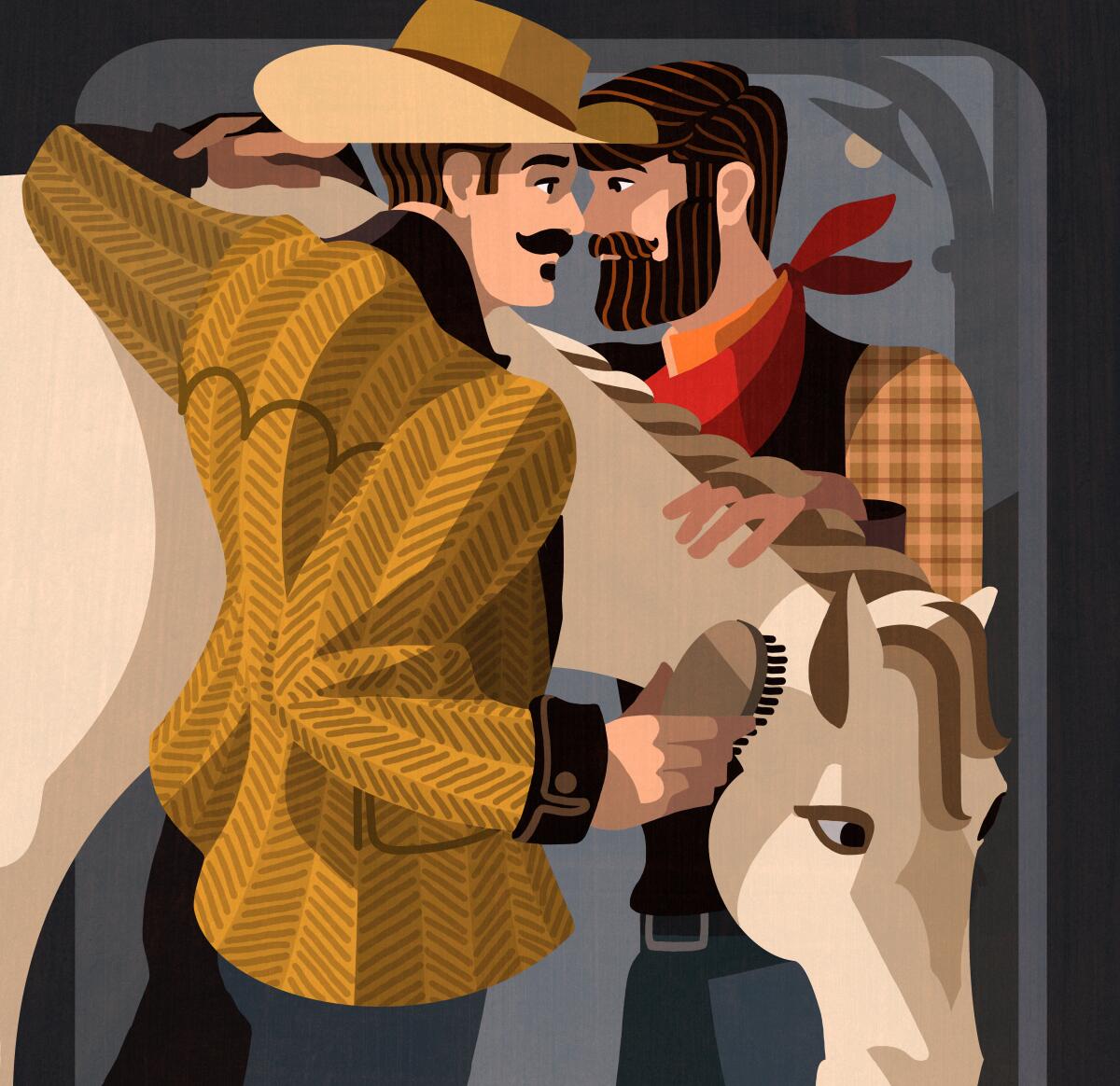 An illustration of two cowboys gazing romantically at each other.