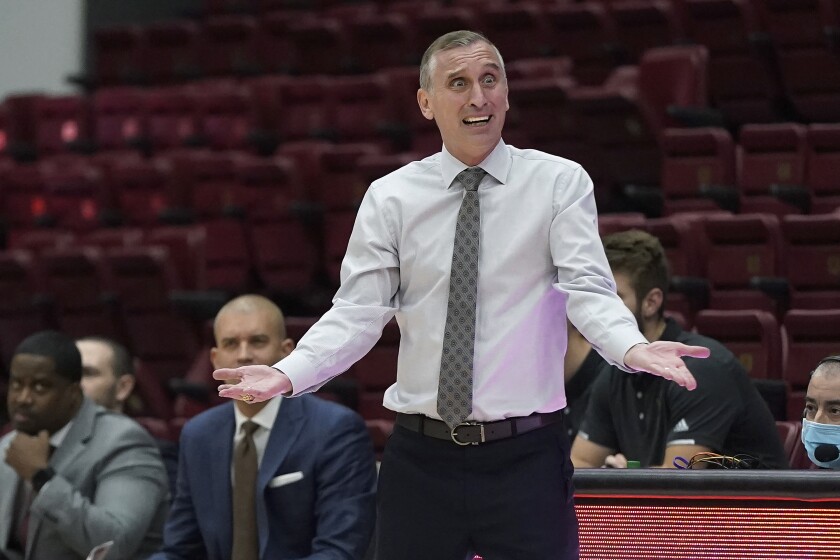 Arizona State head coach Bobby Hurley reacts toward an official during the first half of the team's NCAA college basketball game against Stanford in Stanford, Calif., Saturday, Jan. 22, 2022. (AP Photo/Jeff Chiu)