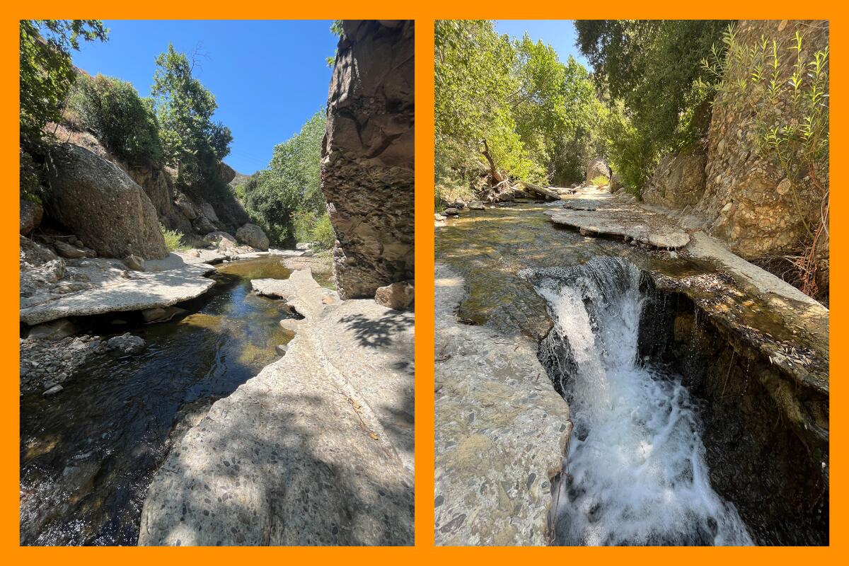 Two photos of Fish Canyon Narrows: a river splits the rocky canyon; a waterfall falls deeper into the canyon.