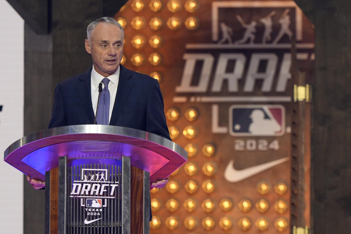 MLB commissioner Rob Manfred speaks during the 2024 MLB draft in Fort Worth on Sunday.