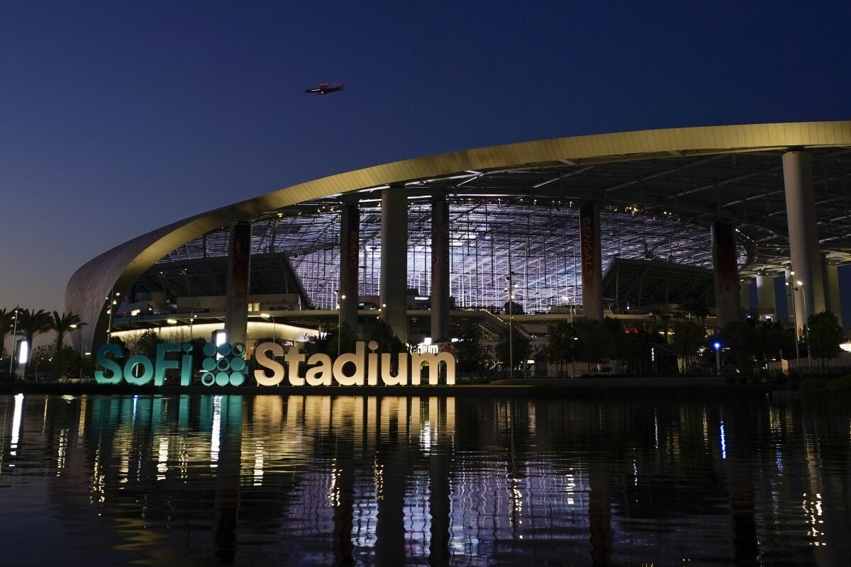 SoFi Stadium stands Friday, Feb. 4, 2022, in Inglewood, Calif. The stadium is the site of NFL football's Super Bowl 56, scheduled to be played Feb. 13. (AP Photo/Morry Gash)