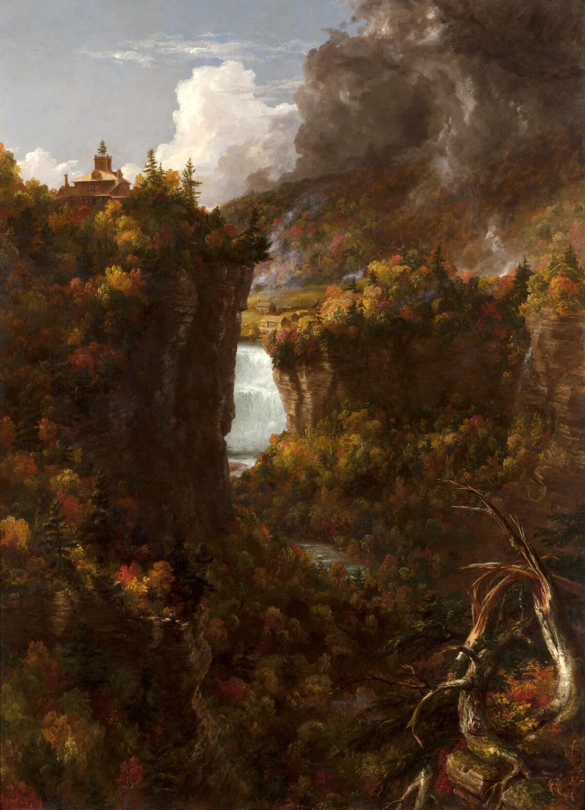 A painting of a waterfall through cliffs 