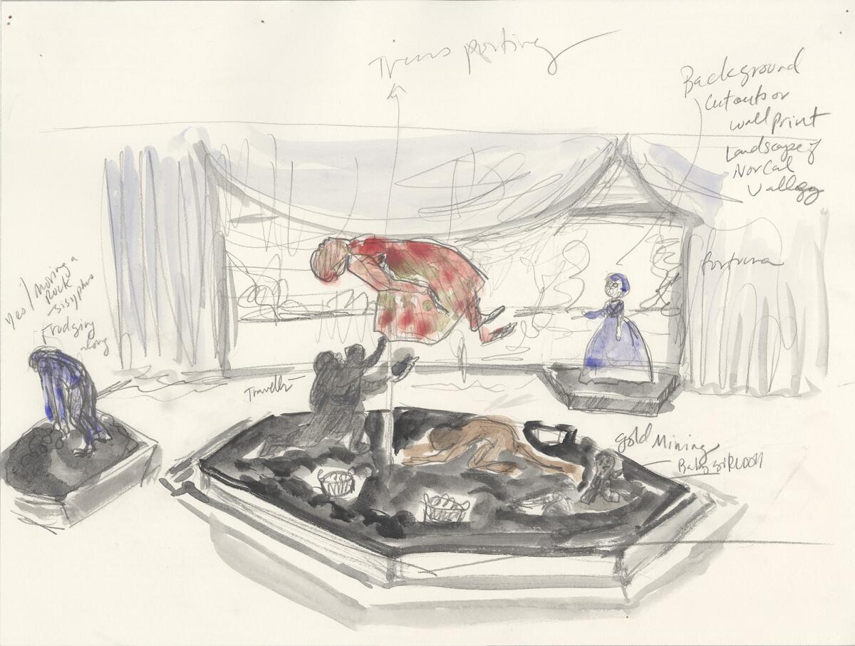 Kara Walker's study for "Fortuna and the Immortality Garden (Machine)" includes the artist's handwritten notes.