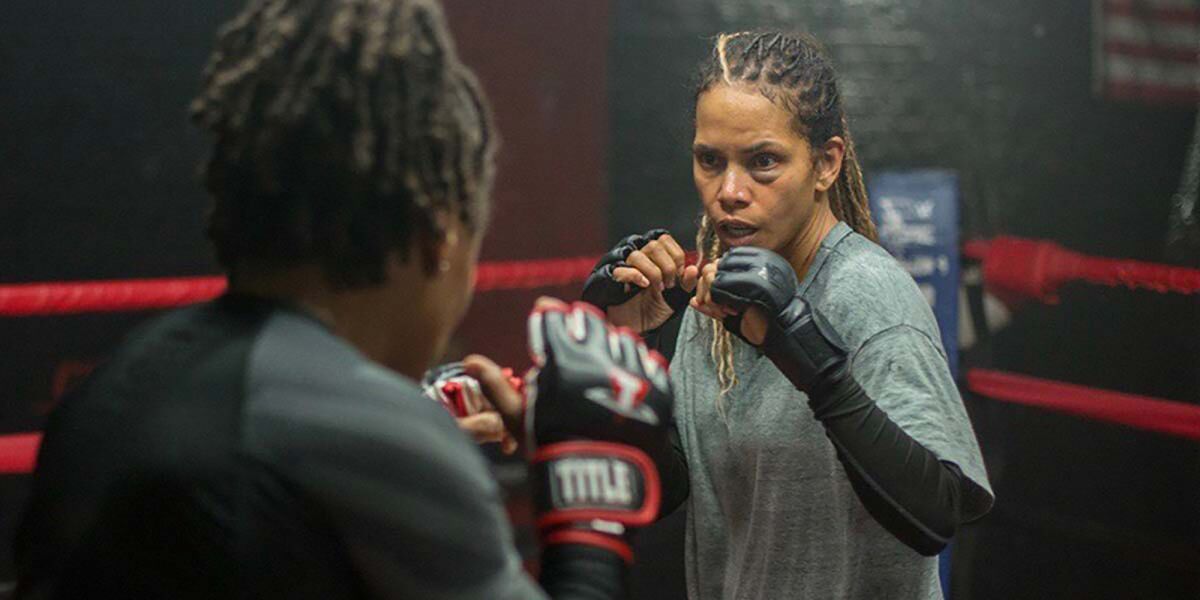 Halle Berry as a fighter in the ring in her movie "Bruised"
