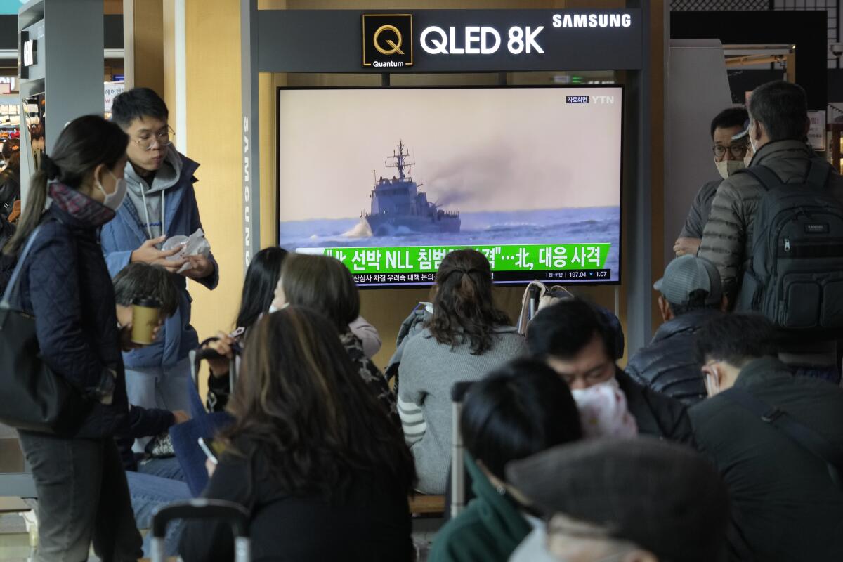 TV screen with image of South Korean navy vessel