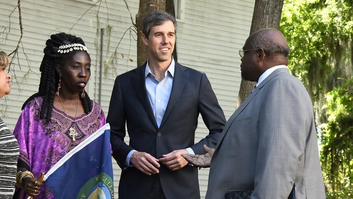 Former Texas Rep. Beto O'Rourke tours monuments to slave and civil rights leaders before a Friday town hall meeting with members of the Gullah/Geechee Nation in Beaufort, S.C.