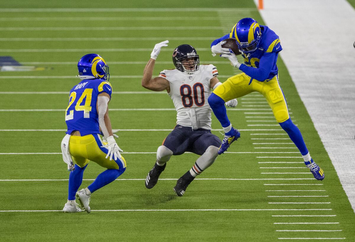 Rams cornerback Jalen Ramsey intercepts a pass intended for Chicago Bears tight end Jimmy Graham 