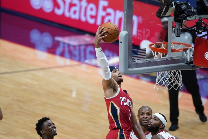 New Orleans Pelicans guard Josh Hart (3) goes to the basket in the second half of an NBA basketball game against the Houston Rockets in New Orleans, Tuesday, Feb. 9, 2021. The Pelicans won 130-101. (AP Photo/Gerald Herbert)