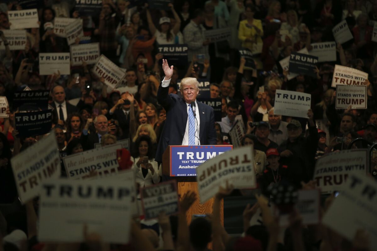 Donald Trump makes a campaign stop at the Anaheim Convention Center on May 25.