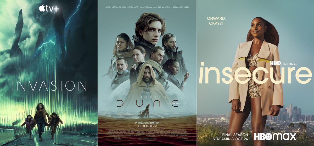 This combination of images shows promotional art for the series "Invasion," premiering Friday, Oct. 22 on Apple TV+, left, the film "Dune," premiering Friday, Oct. 22 on HBO Max, center, and the series "Insecure," premiering its fifth and final season Sunday, Oct. 24 on HBO Max. (Apple TV+/HBO Max/HBO Max via AP)