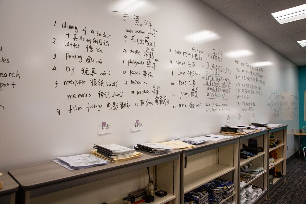 One wall in each classroom is entirely dry erase. In this classroom, students have written phrases in Mandarin.