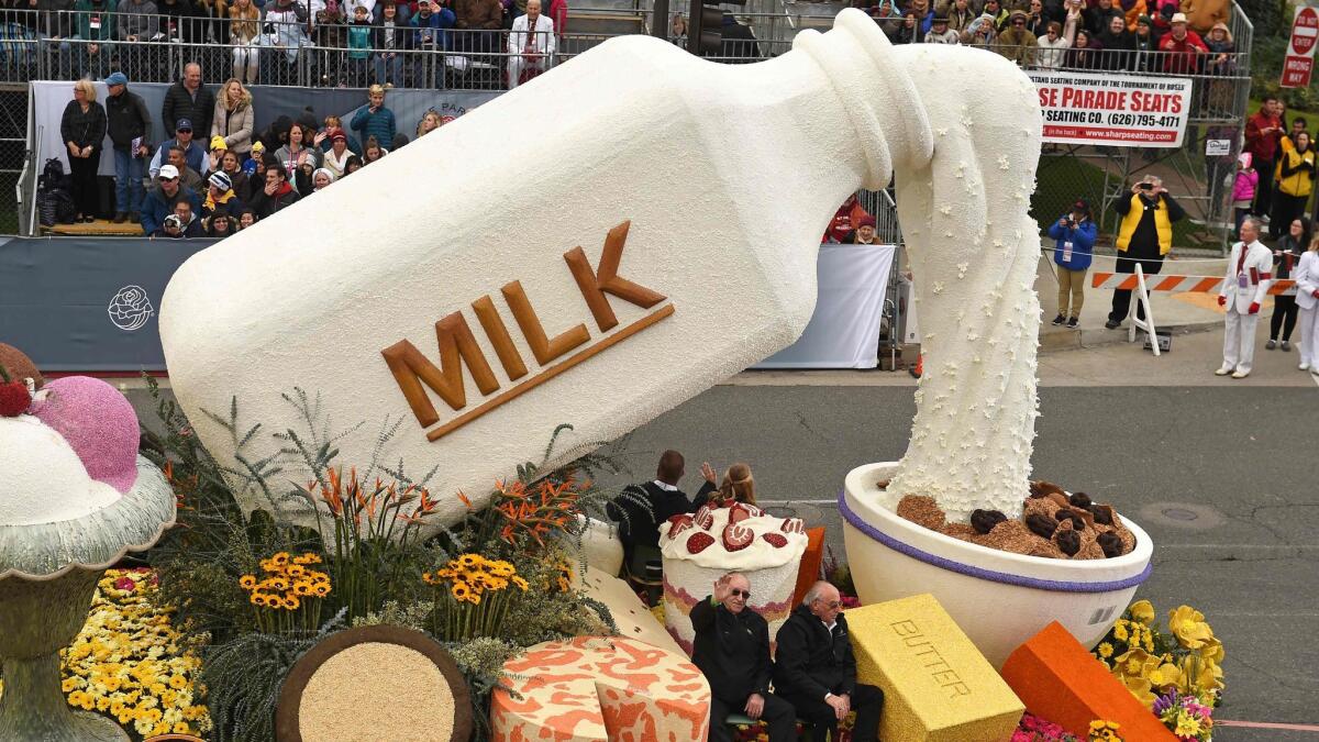 The California Milk Advisory Board float in the 128th Rose Parade in Pasadena on January 2.