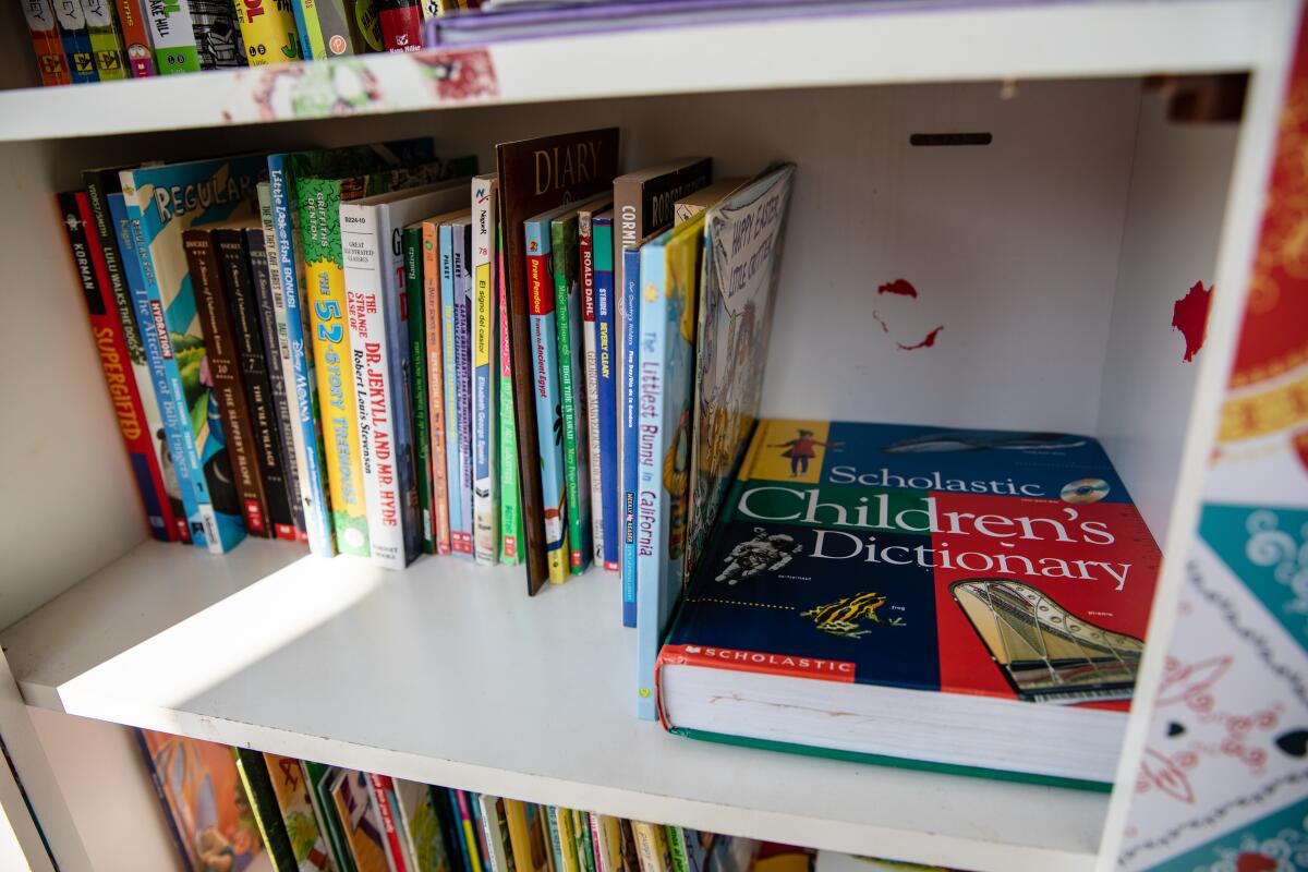 Libros infantiles dentro de la Pequeña Biblioteca Gratuita de Katia Padilla frente a su casa de Chula Vista.