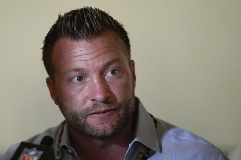 Los Angeles Rams head coach Sean McVay speaks with reporters during a coaches press availability at the NFL owner's meeting, Tuesday, March 29, 2022, at The Breakers resort in Palm Beach, Fla. (AP Photo/Rebecca Blackwell)