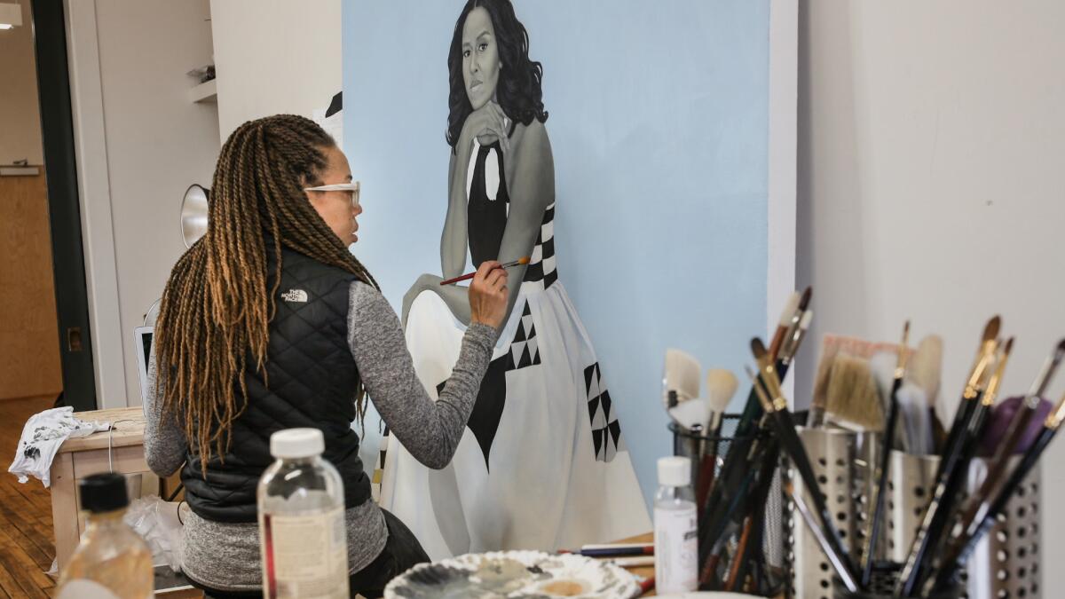 Amy Sherald is shown painting her portrait of Michelle Obama.