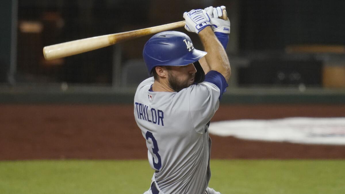 Chris Taylor bats in Game 3 of the NLDS against the San Diego Padres.