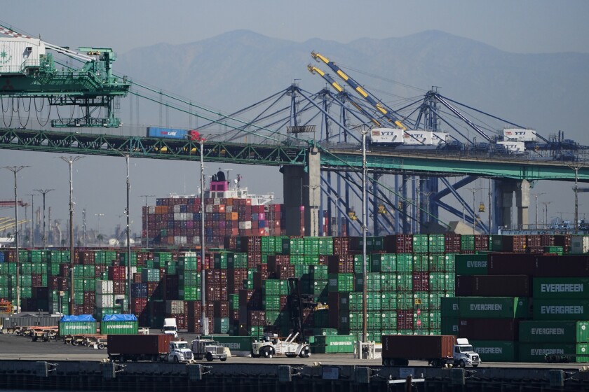 Containers are stacked at the Port of Los Angeles in Los Angeles.
