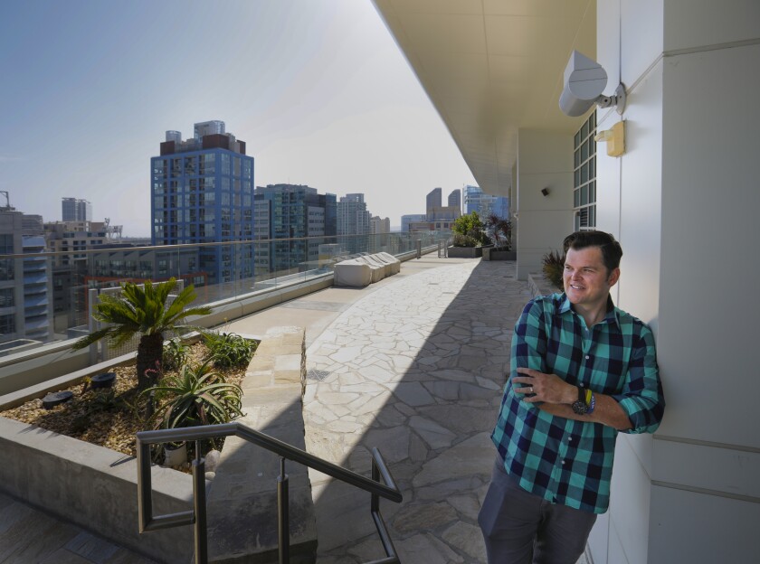 Chef Travis Swikard on the eighth-floor patio at 1195 Island Ave., where his new restaurant Callie will open June 4.