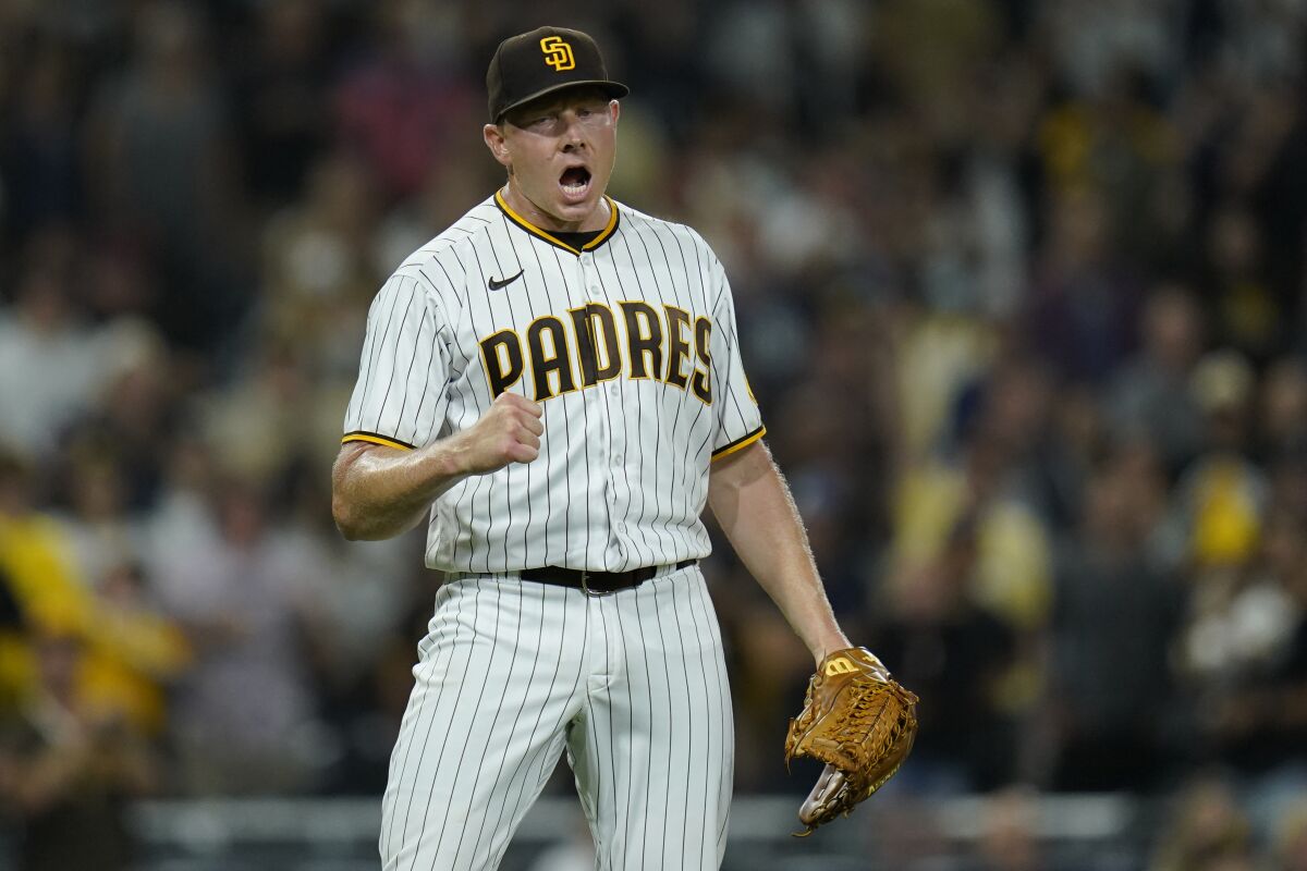 San Diego Padres relief pitcher Mark Melancon clenches his fist after the Padres defeated the Miami this season.