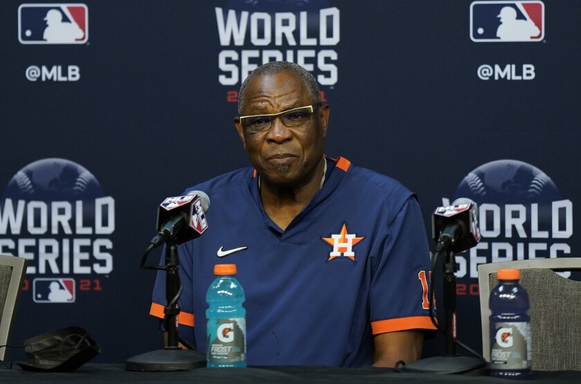 Houston Astros manager Dusty Baker listens to a question during a news conference on Oct. 25, 2021.