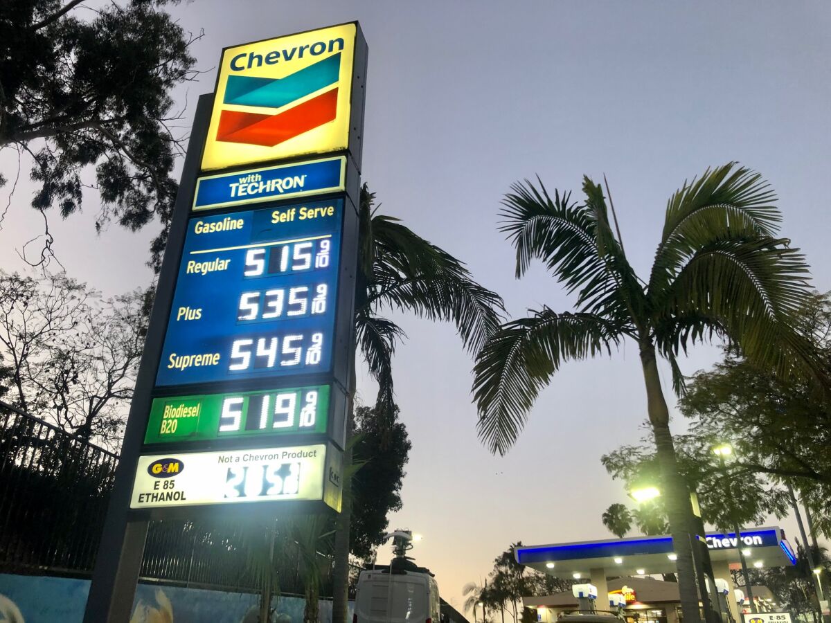 A Chevron station in San Diego posts gasoline prices of more than $5 a gallon on March 1.