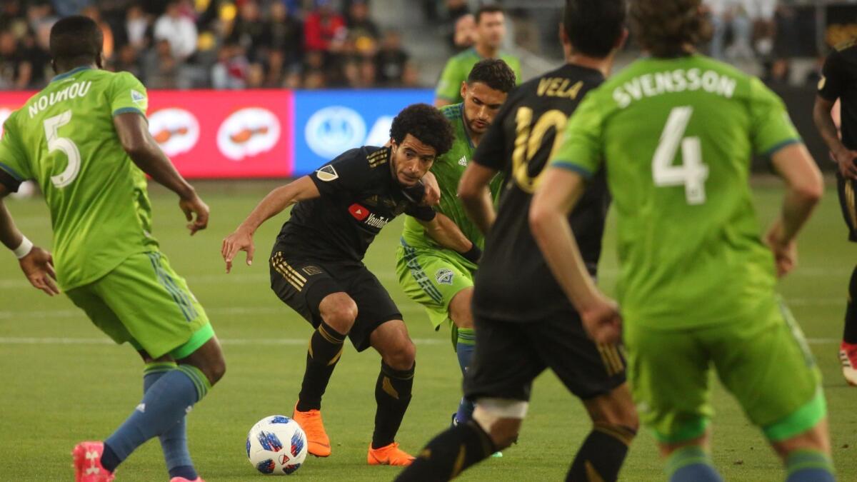 LAFC Omar Gaber tries to control the ball against the Seattle Sounders.