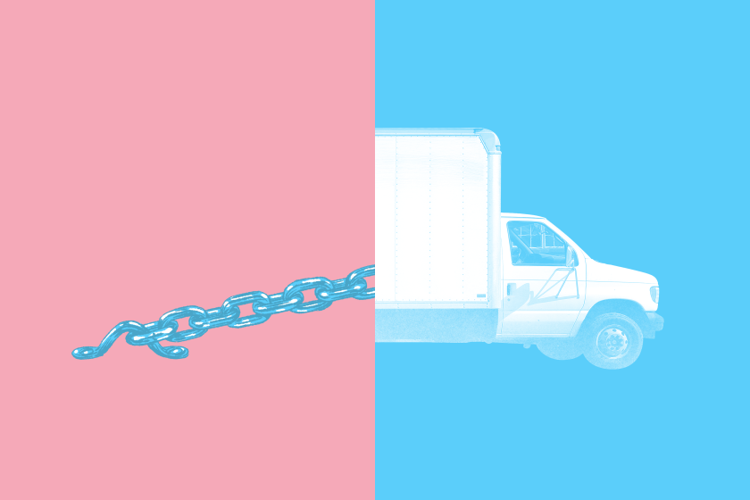 Illustration diptych with a moving truck on the right and an anchored chain on the left. 