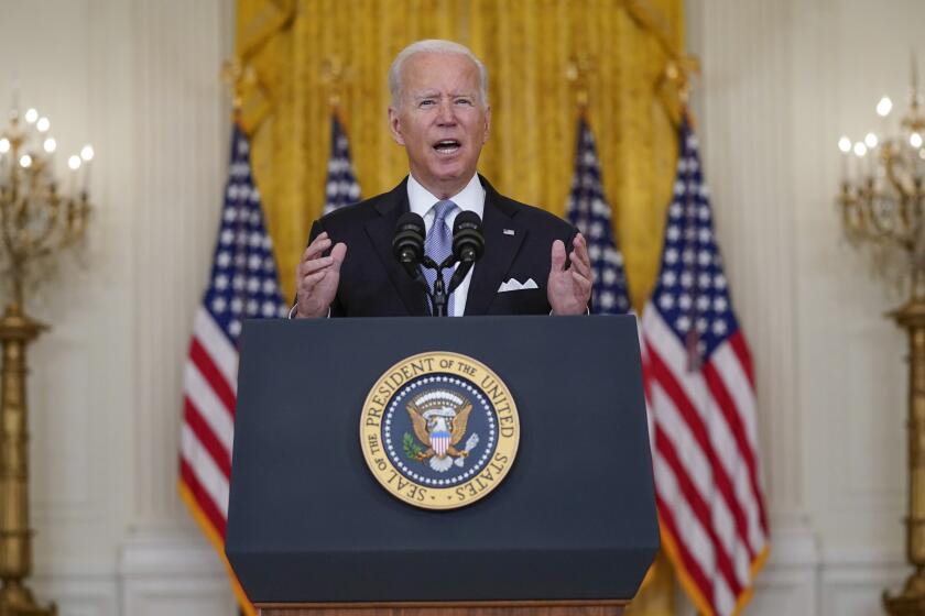 President Joe Biden speaks about Afghanistan from the East Room of the White House, Monday, Aug. 16, 2021, in Washington. (AP Photo/Evan Vucci)