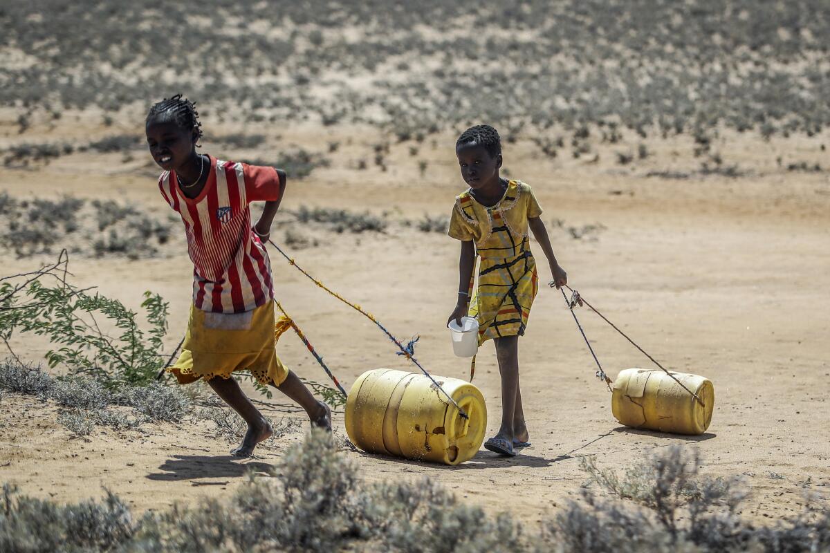 FILE - Young girls pull containers of water during a drought as they return to their huts from a well in the village of Lomoputh in northern Kenya on, May 12, 2022. Better climate-related research and early weather warning systems are needed as extreme weather — from cyclones to drought — continues to inflict the African continent, said the Sudanese billionaire and philanthropist Mo Ibrahim, who heads up his own foundation. (AP Photo/Brian Inganga, File)