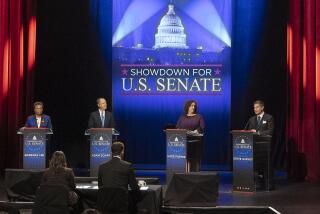 Candidates, from left, U.S. Rep. Barbara Lee, D-Calif., U.S. Rep. Adam Schiff, D-Calif., U.S. Rep. Katie Porter, D-Calif., and former baseball player Steve Garvey, stand on stage during a televised debate for candidates in the senate race to succeed the late California Sen. Dianne Feinstein, on Monday, Jan. 22, 2024, in Los Angeles. (AP Photo/Damian Dovarganes)