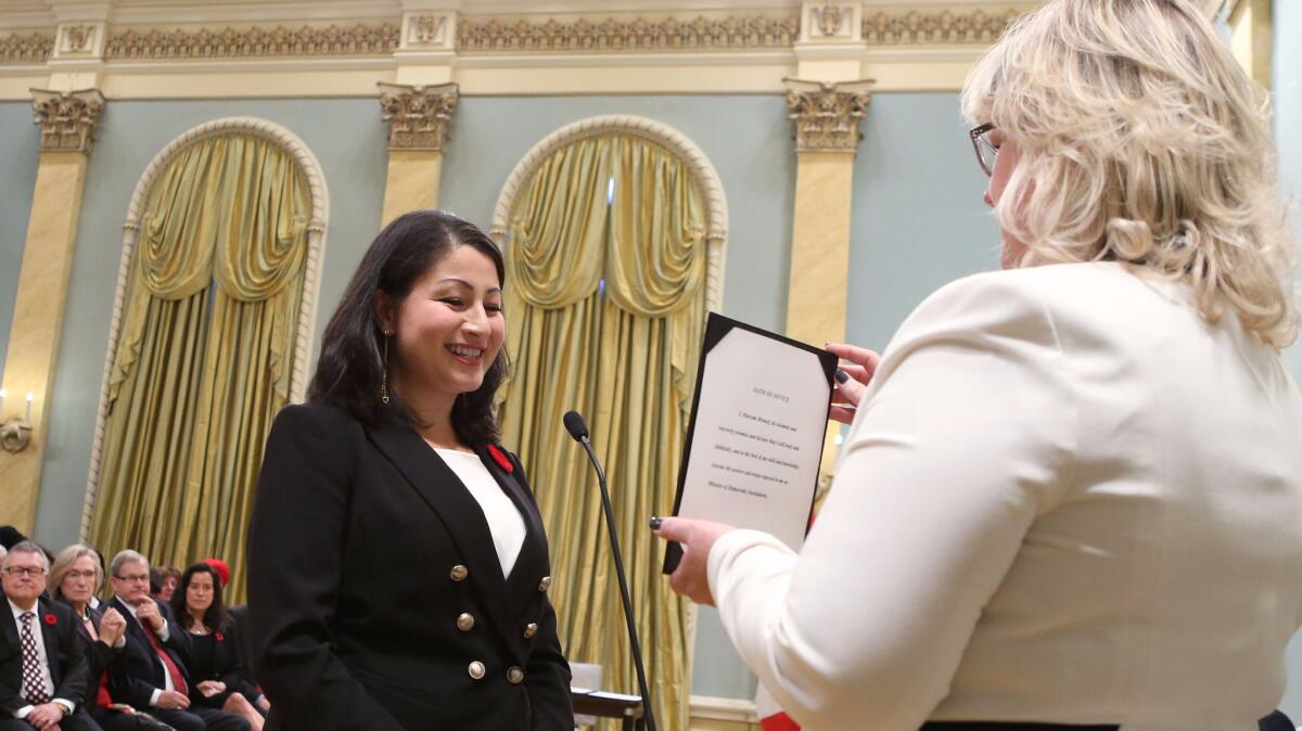 Maryam Monsef during a swearing-in ceremony at Rideau Hall in Ottawa on Nov. 4, 2015.