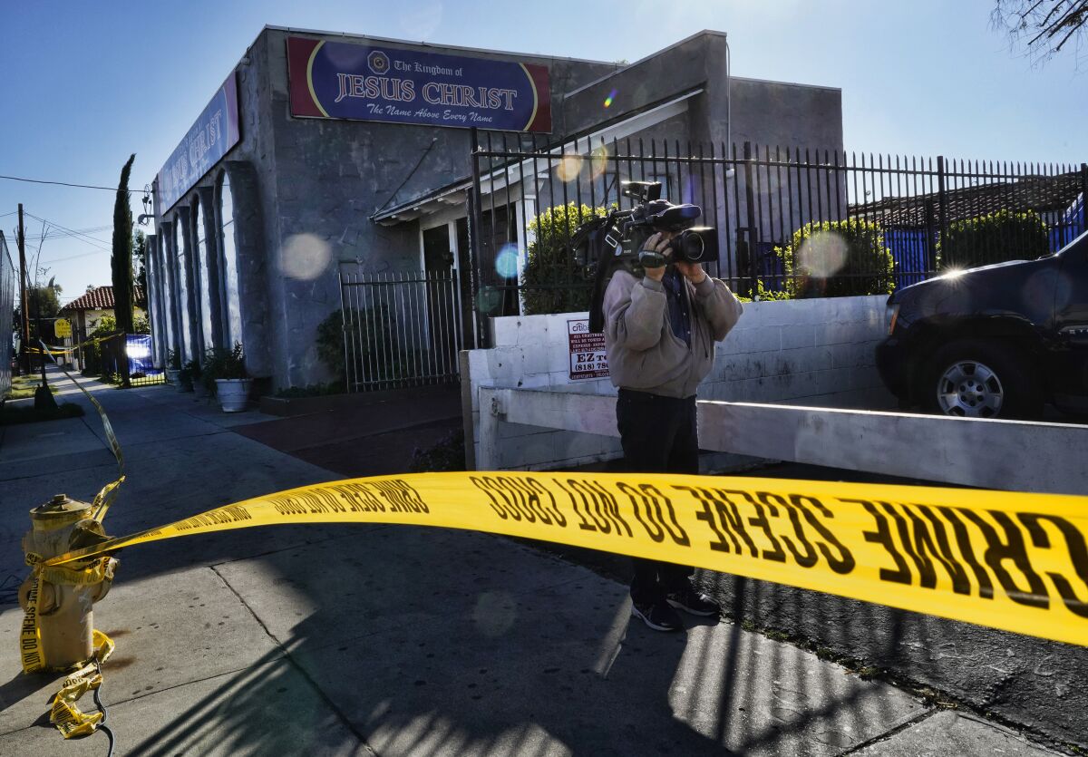 Crime scene tape closes off an area near the Kingdom of Jesus Christ Church in Van Nuys on Jan. 20, 2020.
